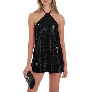 hibshaby Women's Glitter Sequin Dress Halter Neck Party Cocktail Sparkly Mini Dress Clubwear Black S