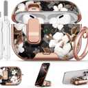 for AirPods Pro 2/1 Case (2023-2019), with Safty Lock & Phone Stand for AirPods Pro 2/Pro1 Generation Case Cover for Women Girly with Keychain & Cleaner Kit - Black Gold Flower