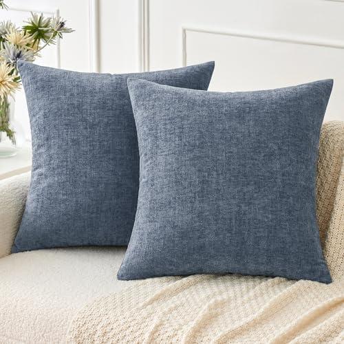 Pack of 2 Couch Throw Pillow Covers 18x18 Inch Soft Dark Grey Blue Chenille Pillow Covers for Sofa Living Room Solid Dyed Pillow Cases