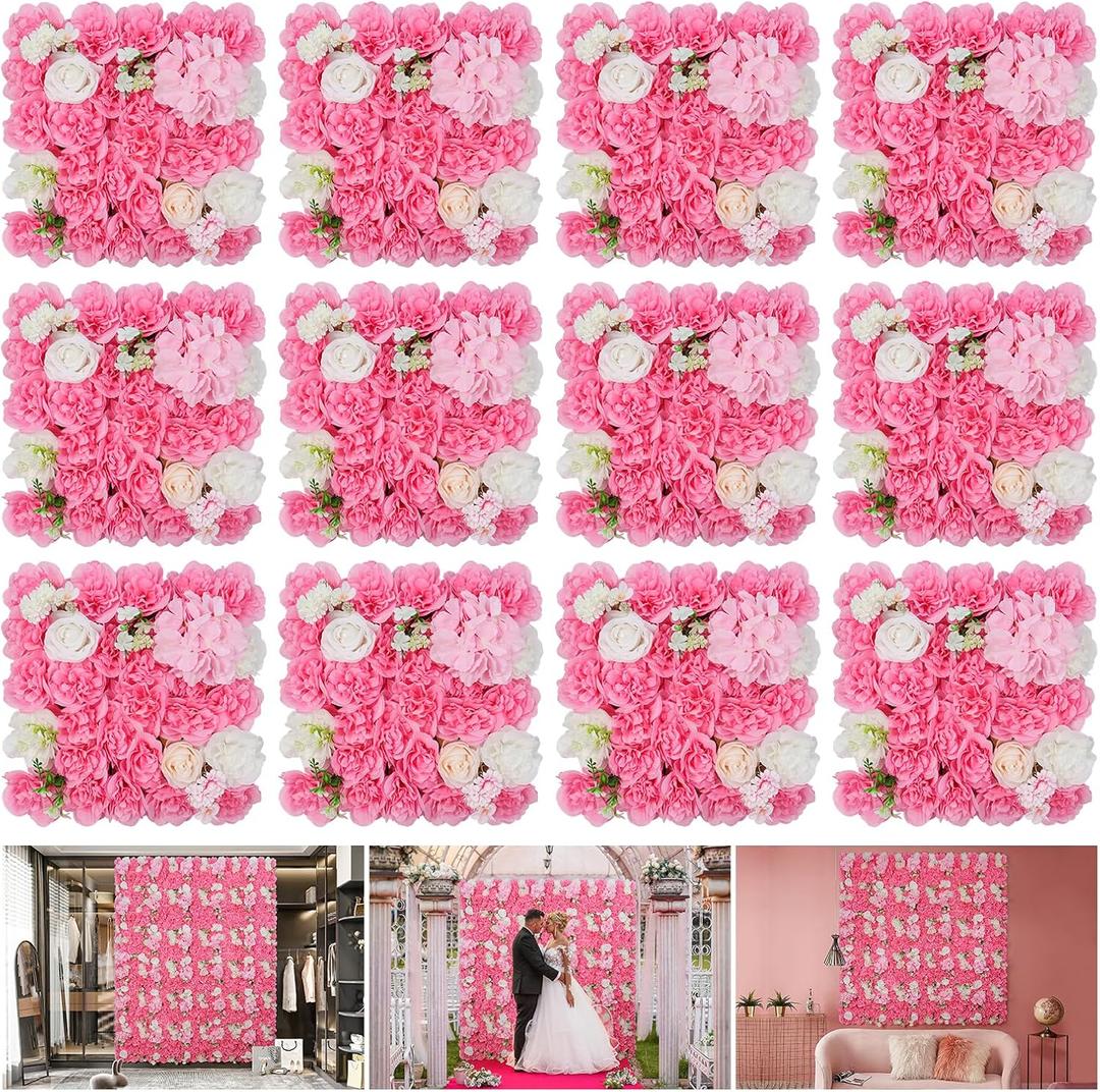 Artificial Flower Wall Panels - 12-Piece Set of 15x15 Inch Silk Roses Floral Backdrop Ideal for Wedding Celebrations, Festive Party Background and Elegant Home Decor -Pink