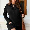 AlvaQ Plus Size Dresses for Women Fall Winter Casual Bow Tie Ruffle V Neck Ribbed Knit Mini Sweater Dress L-4X (Black, XL)