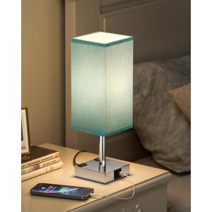 Touch Bedside Table Lamp for Nightstand - 3-Way Dimmable Night Lamp with USB A + Type C Charging Ports and Two AC Outlets, Small Desk Light with E26 Bulb for Bedroom Living Room Dorm, Turquoise (14.0in)