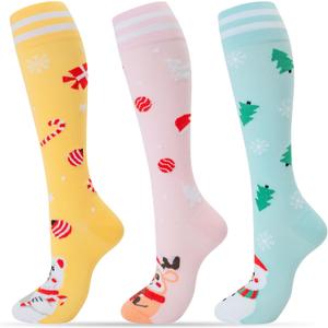 fenglaoda 3 Pairs Compression Socks for Women & Men Knee High Nurse Pregnant Cute Medical Running Travel Athletic
