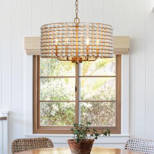 OSAIRUOS Wood Bead Drum Chandelier Boho Farmhouse Beaded Pendant Light Gold | Antique Gold, Bohemian Bead Pendant Light, Drum Shade, Dining Room Bedroom Kitchen Entryway Light Fixture 6-Light W19.7