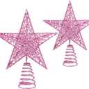 Blulu 2 Pieces Metal Glittered Christmas Tree Topper Star Treetop Hollow Wire Star Topper for Christmas Tree Ornament, 2 Sizes (Pink)