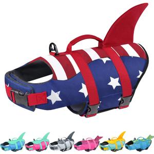 Malier Dog Life Jacket, High Buoyancy Shark Swimsuit, Ripstop American Flag, Medium, Red & Dark Blue