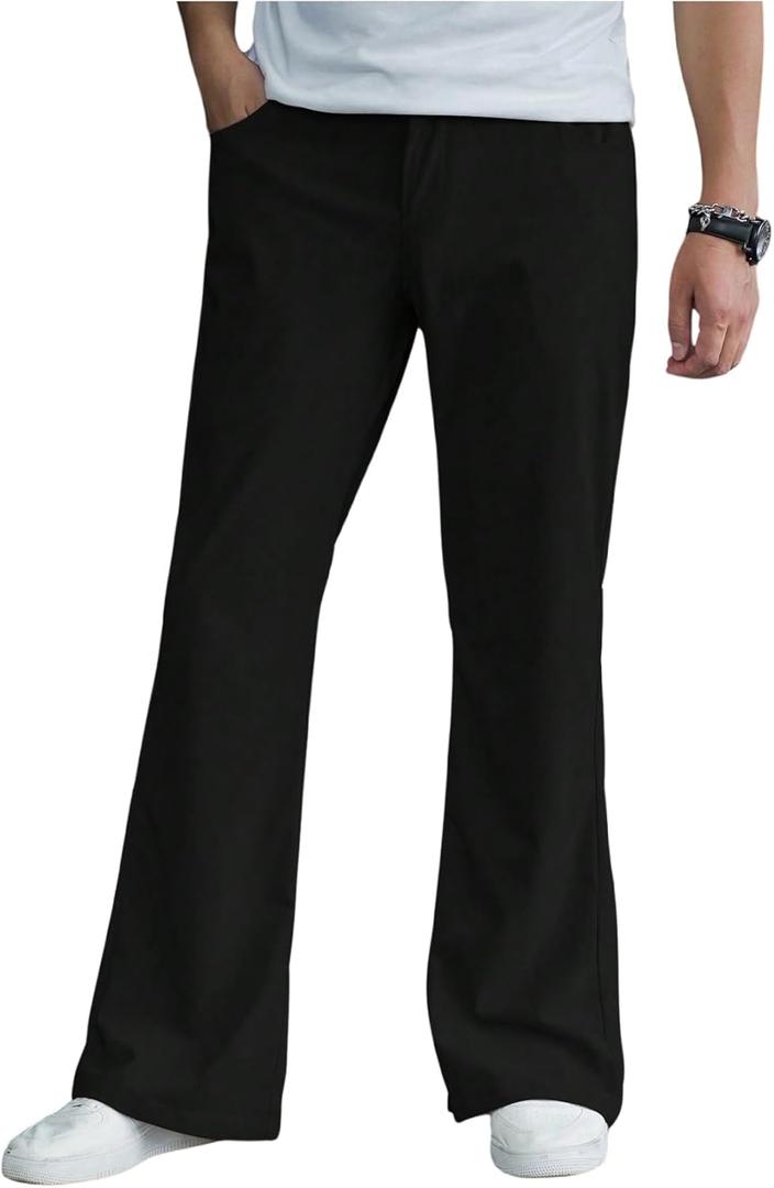 OYOANGLE Men's Bell Bottom Pants Zipper Fly Solid Vintage Bootcut Trousers 70s Disco Outfits (XX-Large, Black)
