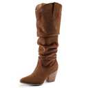 mysoft Women's Cowboy Knee-High Boots Pointed Toe Mid Chunky Heel Pull On Slouchy Boots with Zippers, Size 8
