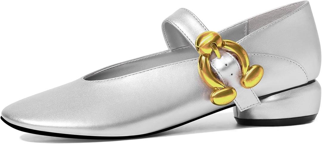 Women Mary Jane Shoes Pumps Chunky Comfortable Low Heels Closed Round Toe Dress Work Wedding Shoes (8, Silver)