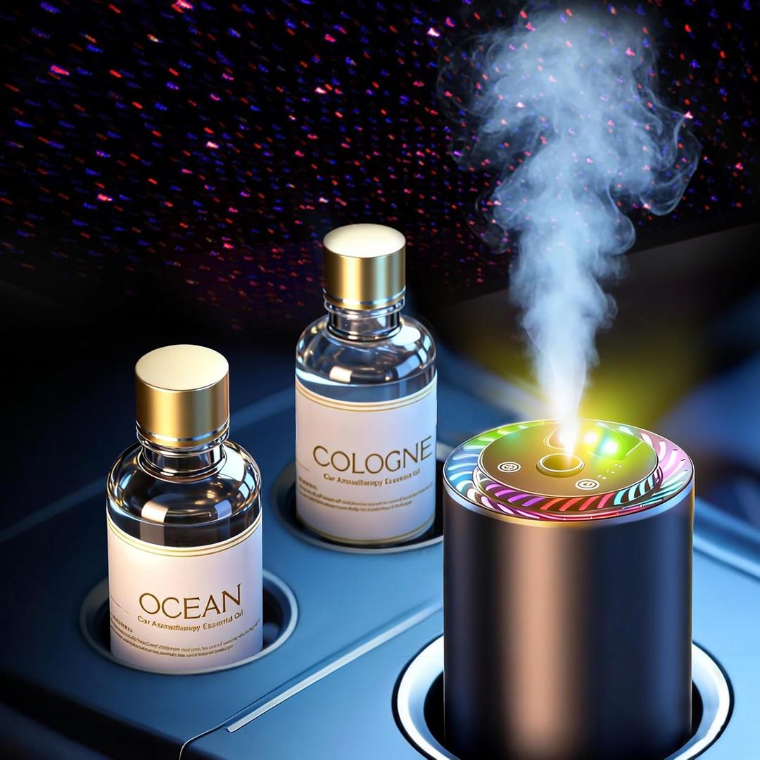 Smart Car Air Freshener with Star Light & 100ml Diffusers Oil Refills, Auto On/Off Aroma Diffuser, 3 Adjustable Mist Modes Rechargeable Aromatizante para Carro - Car DiffuserCologne+Ocean