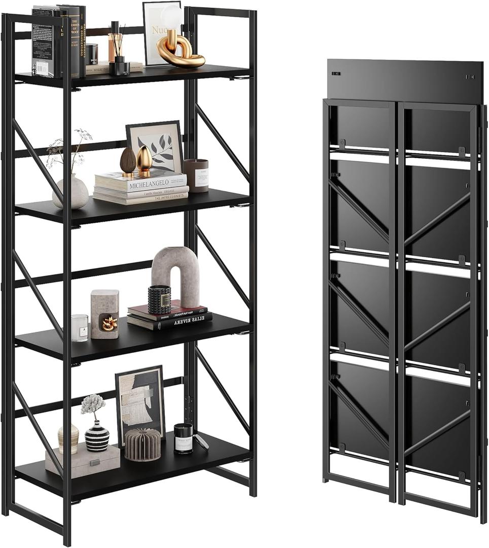 JSB No Assembly Folding Bookshelf, 4 Tier Industrial Metal Book Shelf for Storage, Vintage Wood Foldable Bookcase for Living Room, Bedroom, Office Organization Shelves, Flat Tube 4-Tier