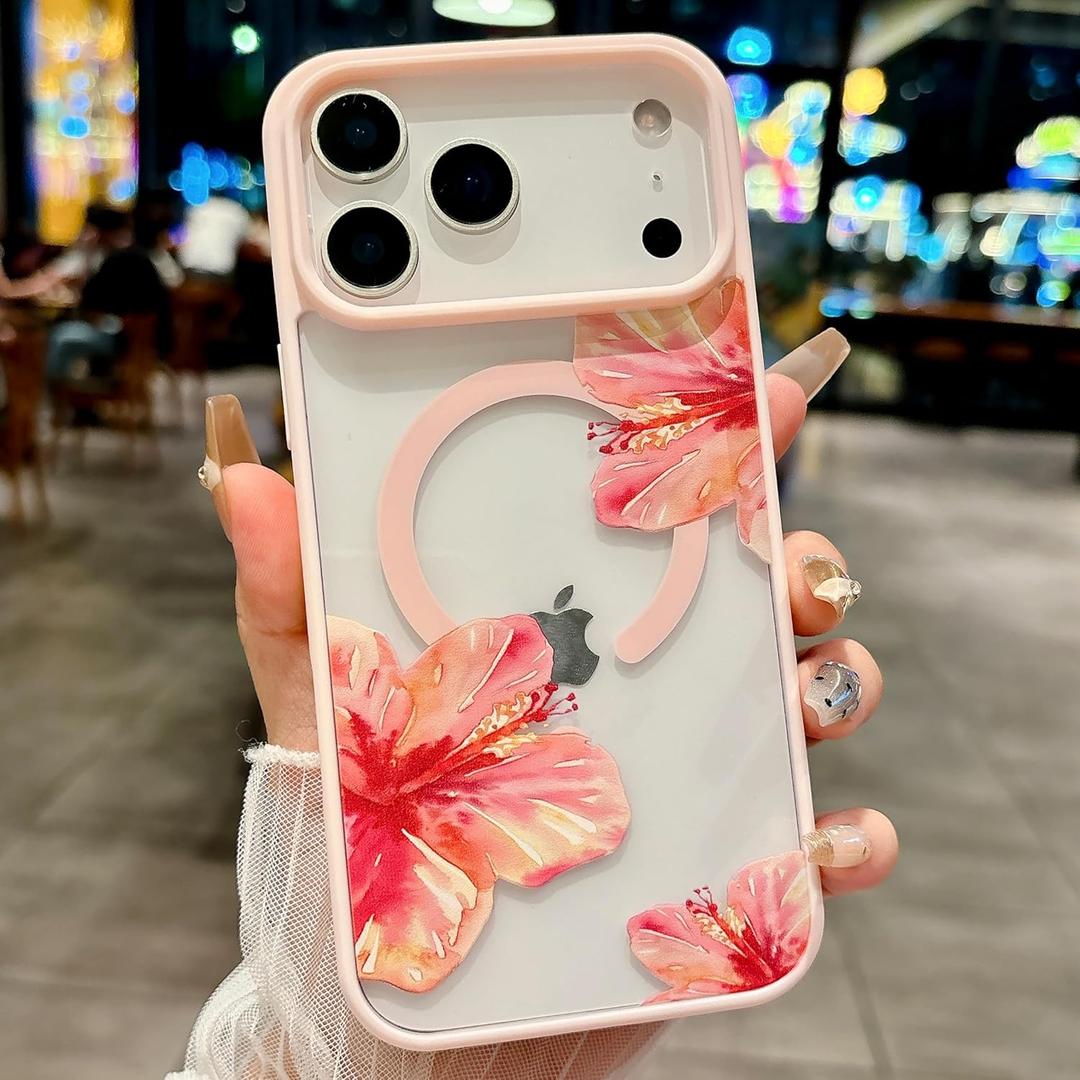 Magnetic for iPhone 17 Pro Max Case [Compatible with MagSafe] Cute Trendy Hibiscus Flower Pattern Design for Summer Hawaiian, Translucent Shockproof Protective Case for Girls Women-Pink