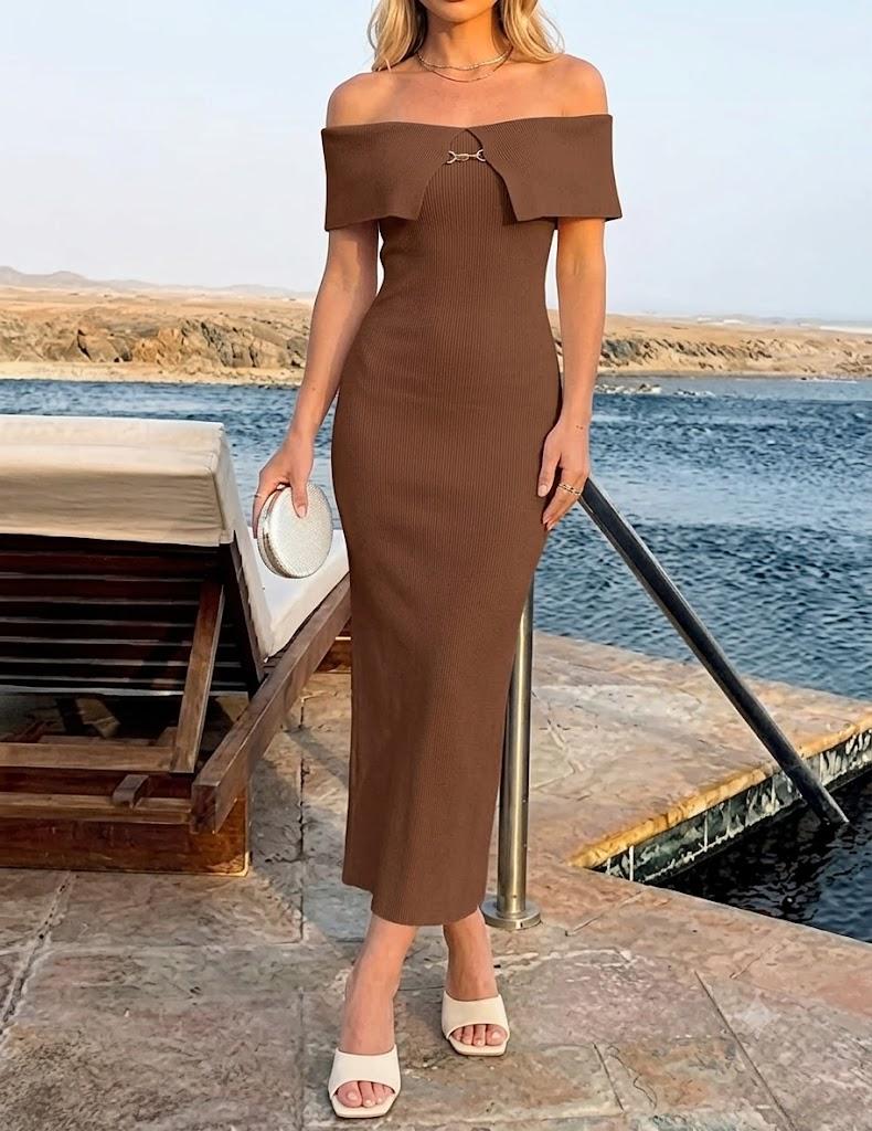 ZESICA Women's Off Shoulder Bodycon Maxi Dress 2026 Summer Ribbed Knit Cocktail Party Formal Sweater Dresses Coffee Small