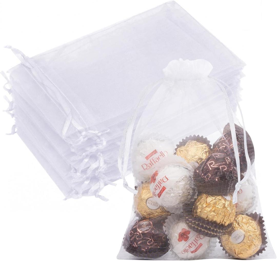 50 PCS White Organza Bags 5x7, Small Gift Bags Cute Mesh Drawstring Gift Pouches Sheer Clear Baggies for Jewelry Candy Sachet Soap Treats Mother's Day Wedding Birthday Party Favors Gifts