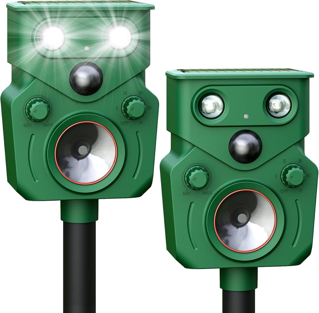 2 Packs Solar Animal Repeller Ultrasonic, Deer Repellent Devices with Motion Sensor, Waterproof Cat Repellent Outdoor with Flash Light, Effective Repels Invasive Animal for Deer, Fox, Raccoon, Skunk
