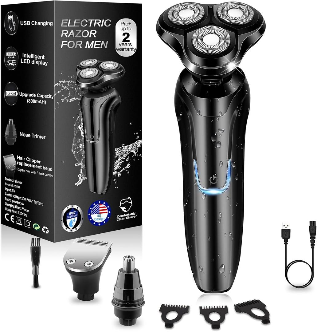 Electric Razor for Men, Men's Rotary Shavers, Waterproof, Wet and Dry Rechargeable Electric Shaver for Men's Faces with a Cordless and Floating Head,Portable Travel Razor,an Ideal Gift for Men
