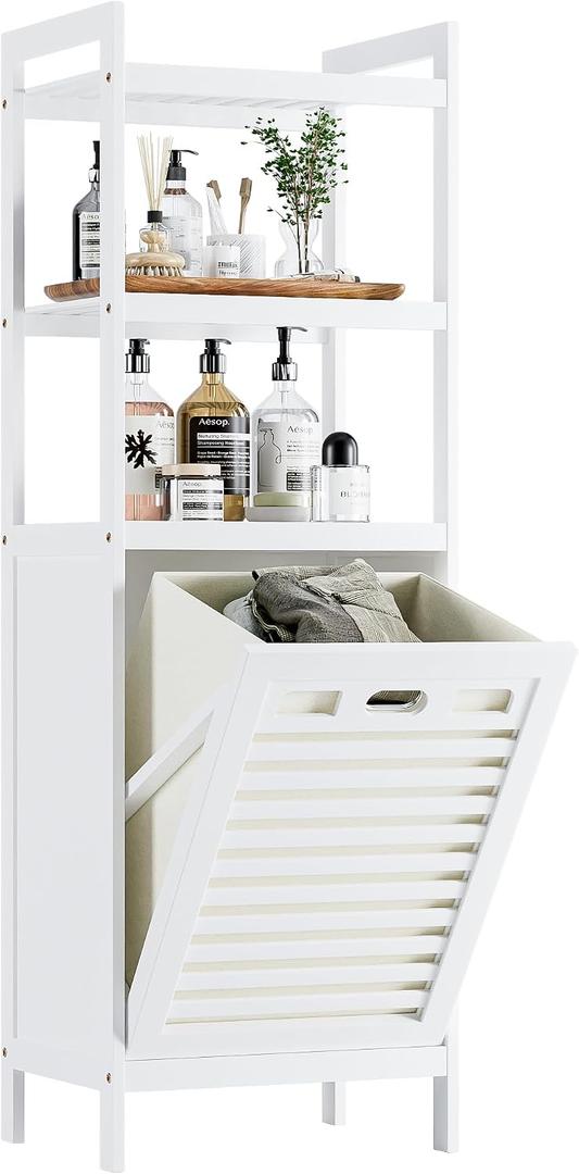 HITNET Bamboo Tilt Out Hamper, 10 Gal Bathroom Laundry Cabinet with Hidden Foldable Basket, Freestanding Clothes Storage Organizer with Storage Shelf, White
