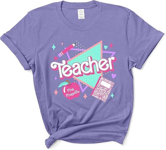 Personalized Teacher Shirt - Custom Name Grade Pink 80s 90s Teacher Back to School T-Shirt, (Violet, Large)