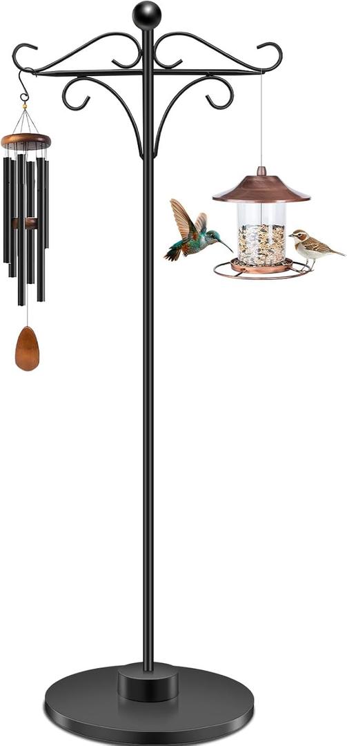 Adjustable Double Shepherd's Hook, 34-63 Inch Black Iron Stand for Indoor/Outdoor Use Ideal for Hummingbird Feeders, Hanging Plants, Lanterns, Wind Chime