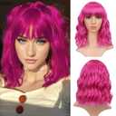 VCKOVCKO Short Bob Wigs Rose Hot Pink Wavy Wig With Air Bangs Women's Shoulder Length Wigs Curly Wavy Synthetic Cosplay Wig Pastel Bob Wig for Girl Colorful Wigs(12", Hot pink)