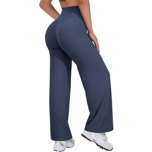 VOYJOY Straight Leggings Bottoms Wide Leg Pants for Women 29"High Waist Stretch Casual Sweatpants (Medium, Navy Blue)