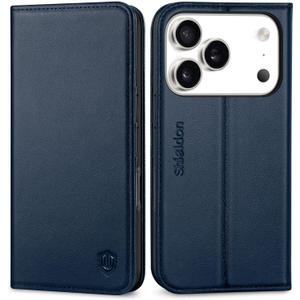 SHIELDON Case Wallet for iPhone 17 Pro 6.3-inch | Genuine Leather | RFID Blocking Credit Card Holder | Magnetic Closure | Folio | Kickstand | TPU Soft Full Protective Cover 2025 | Navy Blue