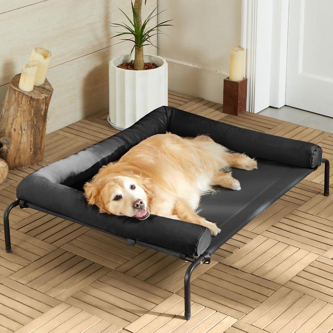 Cooling Elevated Dog Bed for Large Dogs Waterproof Raised Dog Cot with Slope Headrest, Breathable Teslin Mesh, Durable & Portable Pet Bed for Indoor and Outdoor Use, Black