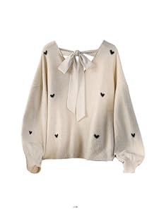 GORGLITTER Women's Plus Size Heart Sweater Bow Tie Open Back Long Sleeve V Neck Knit Pullover Jumper Top Winter Outfits Beige XX-Large Plus