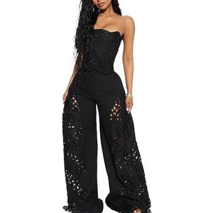 Mandonce Sexy Outfit Going Out Off Shoulder Lace Tube Top and Lace Flowy Wide Leg Pants Beach Vacation 2 Piece Sets for Women Black, XXL