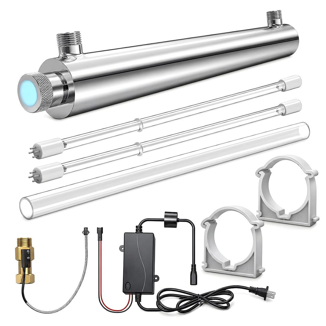 Whole House UV Water Filter, 55W Ultraviolet Water Purifier with Flow Sensor & 5-Min Delay Shutoff, 12 GPM Stainless Steel UV Water Treatment System for Well Water, 3/4" MNPT, 120V