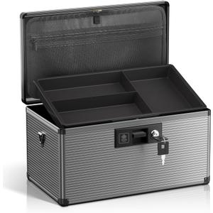Medicine Lock Box with Key, Alluminum Alloy Box for Medication,First Aid Box with a Removeable Tray to Store Medicines & Pills for Home, Black, 14 * 8.46 * 7.48 Inch
