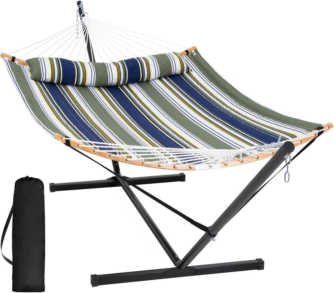 SUNCREAT Hammocks for Outside with Stand Included, Double Hammock with Curved Spreader Bar, Carrying Bag, Dark Green Stripes