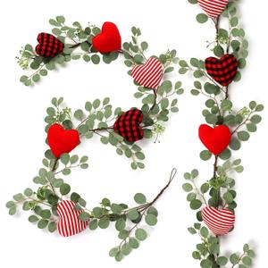 Zeyune 6ft Valentine's Day Decor Heart Long Garland for Mantel Artificial Eucalyptus Leaves and Fabric Hearts for Valentine Front Door Kitchen Fireplace Home Indoor Outdoor