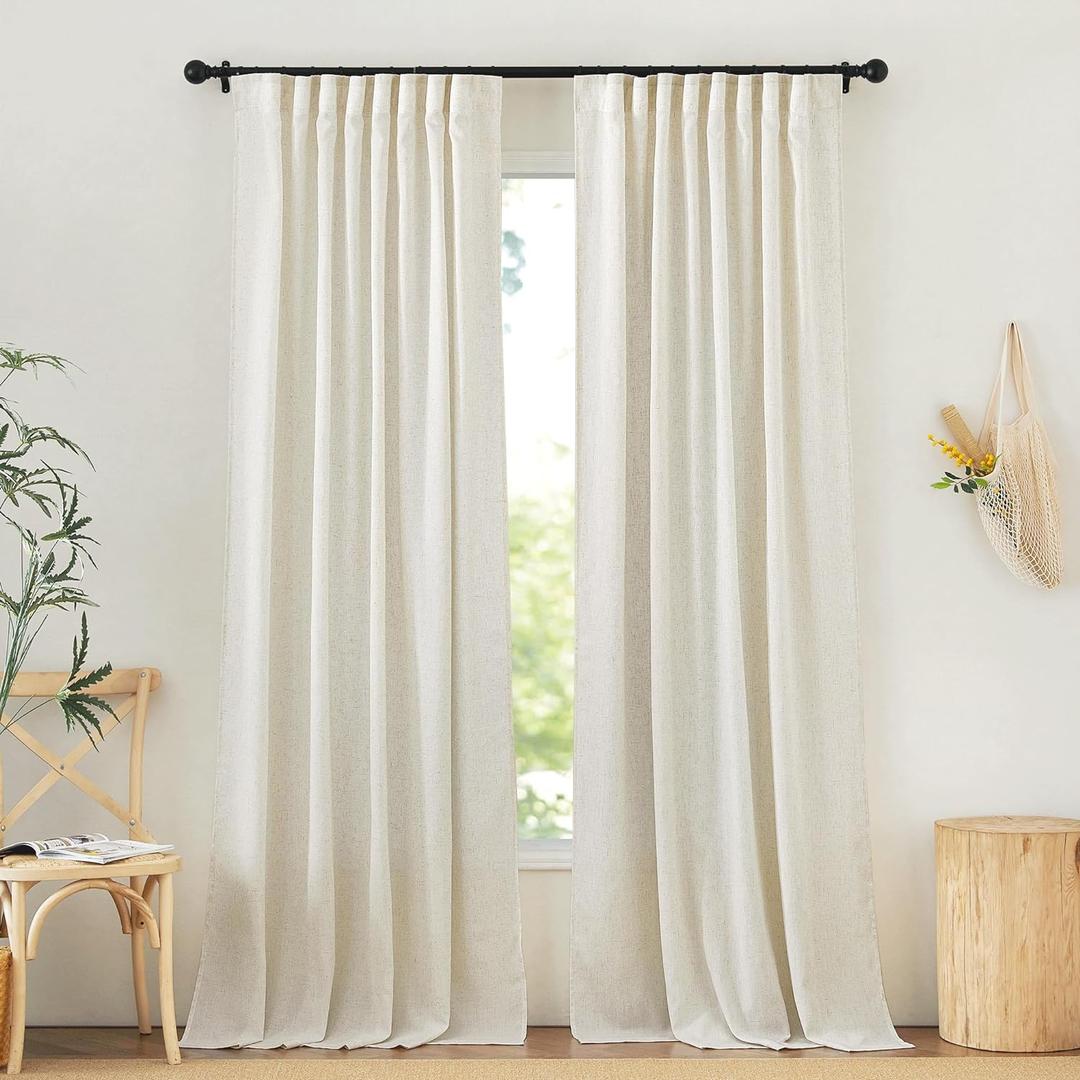 NICETOWN Thick Linen Living Room Curtains 2 Panels Set, Back Tab/Rod Pocket with Pleat Tape Privacy Added with Light Filtering Window Treatments for Bedroom, Natural, W52 x L90