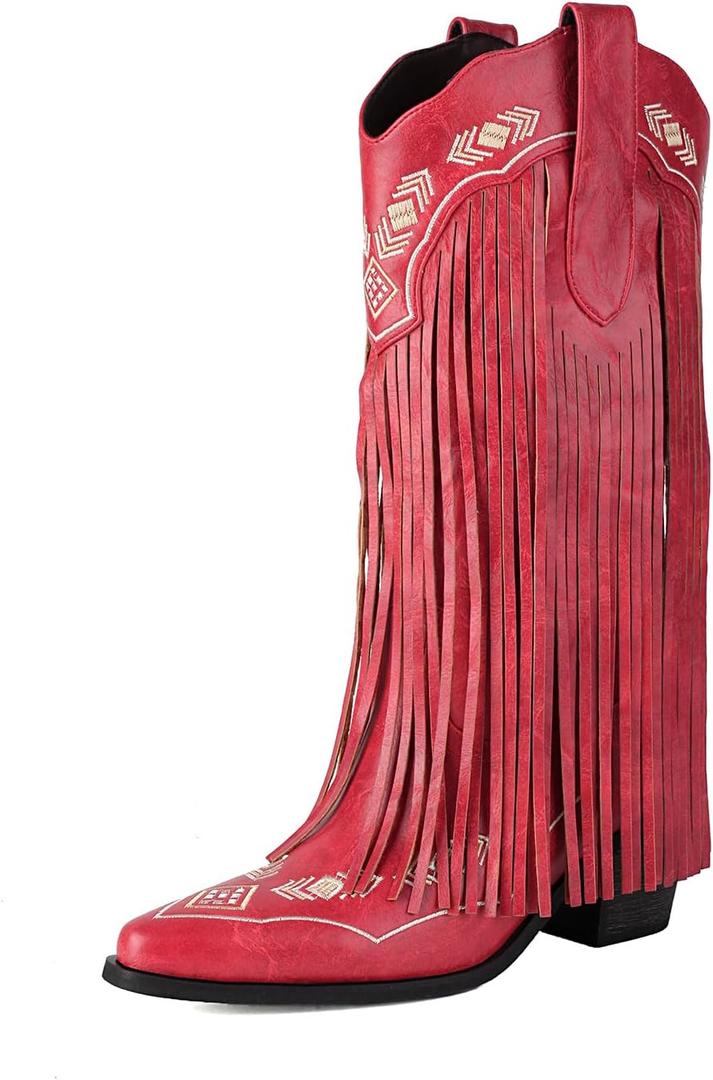 Embroidered Fringe Cowboy Boots for Women, Pull On Mid Calf Chunky Block Heel Pointed Toe Western Cowgirl Boots Riding Country Boot Retro Boots (Red)