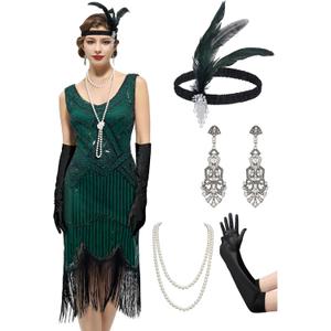 YESSA Flapper Dresses 1920s Gatsby Dress for Women Roaring 20s Costumes Fringed Sequin Cocktail Dress with 20s Accessories (Large, Green)