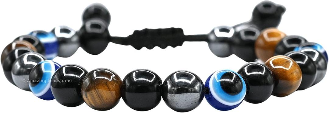 Amazing Gemstone Evil Eye Bracelets for Men Women - Ultimate Protection - Black Obsidian, Tigers Eye and Hematite - Healing Bracelets Gifts for Mom Mothers Day Pulseras Para Hombres Mujer