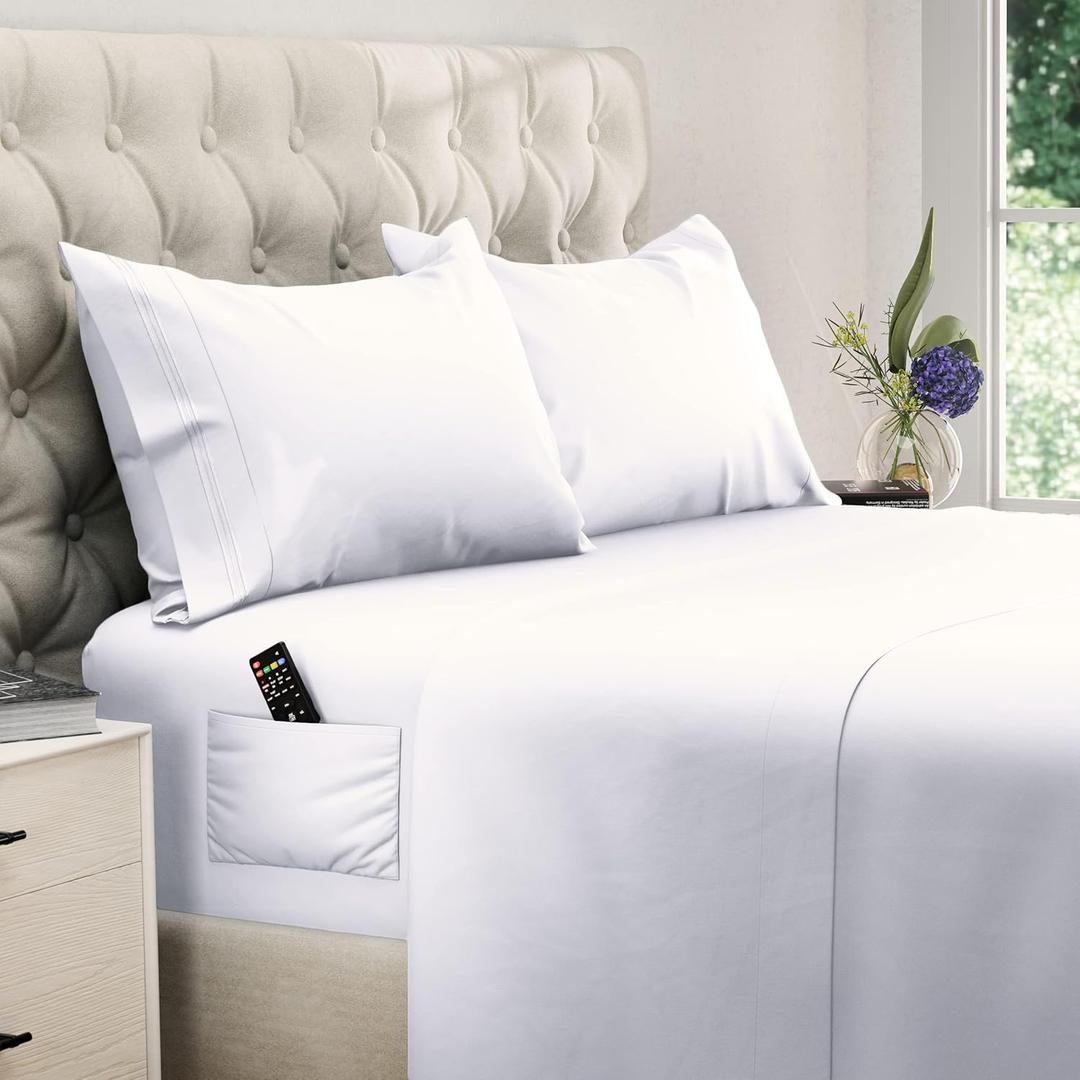 DREAMCARE Queen Sheet Set – Cooling Sheets – up to 21” Extra Deep Pocket Queen Sheets – Hotel Luxury Sheets & Pillowcases – Superior Softness 100% Fine Microfiber with Side Pocket – White
