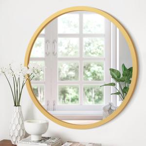 JJUUYOU Wall Mirror 24 Inch Round Wall Mirror for Bathroom Antique Circular Mirrors Washroom Wall Decor Wood Frame Mirrors for Living Room Bedroom Dorm Decorative (Gold)