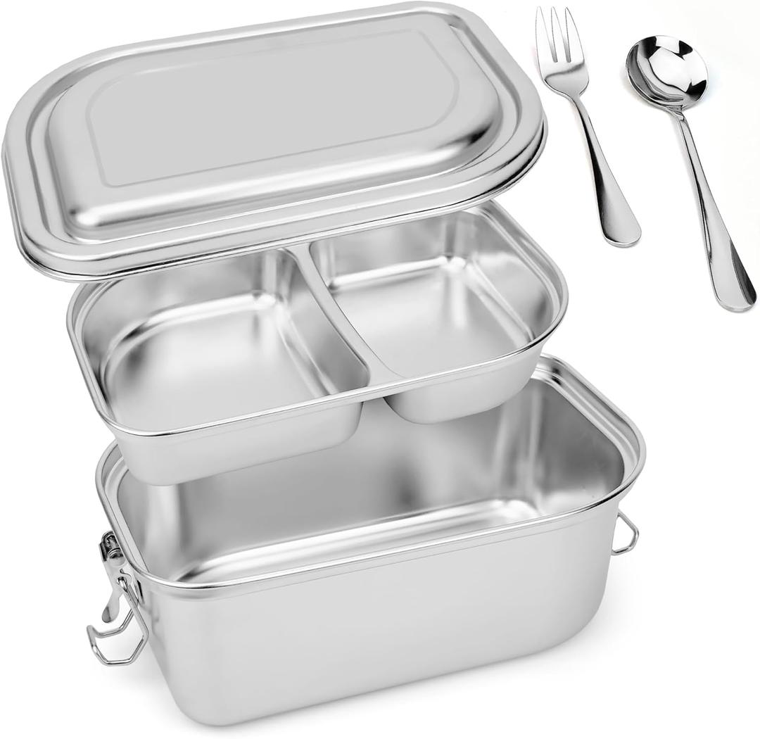 8.6'' x 5.9'' Stainless Steel Lunch Container Bento Box, Metal Lunch box, Metal Food Containers Stainless Steel Food Container, With Leakproof Lid, Fork and Spoon (21B01)