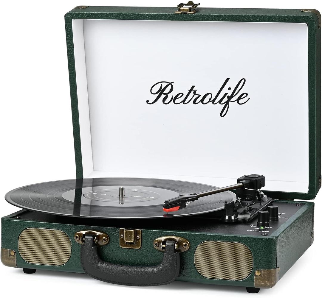 Vinyl Record Player 3-Speed Bluetooth Suitcase Portable Belt-Driven Record Player with Built-in Speakers RCA Line Out AUX in Headphone Jack Vintage Turntable Dark Green