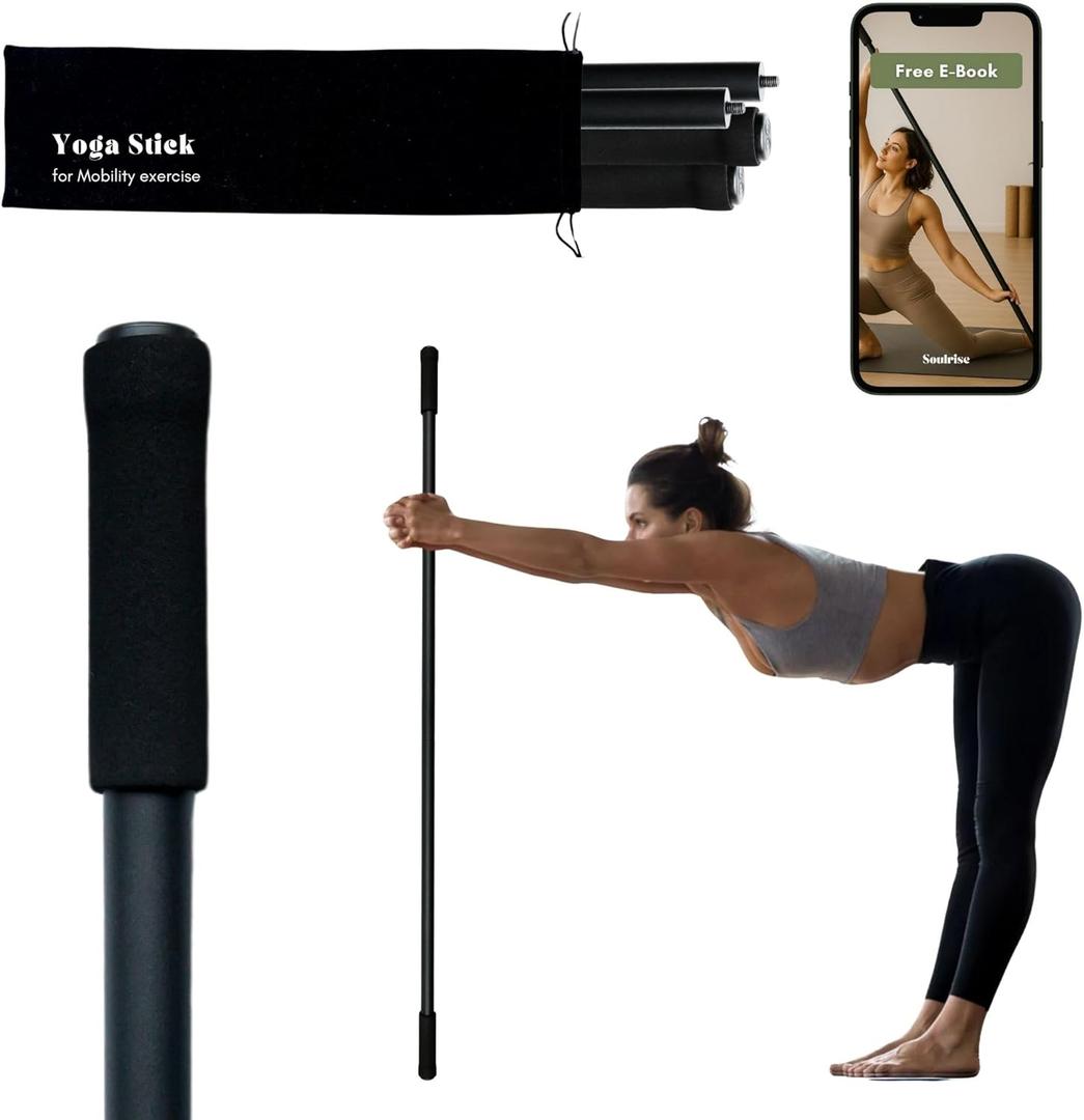 Yoga Stick for Mobility Exercise, Stretching, Pilates, Physical therapy, Fitness and other Workout - Adjustable 5 ft Pole will fix Posture, Stretch, Balance and Flexibility Training - Incl free E-book