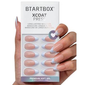 BTArtbox French Tip Press On Nails - Something Blue, Lamp-Curable 4-Week Wear Blue Medium Almond Press On Nails with Glue and Adhesive Tabs, Easy-to-Apply in 15 Sizes - 30 Nails All-in-One Kit