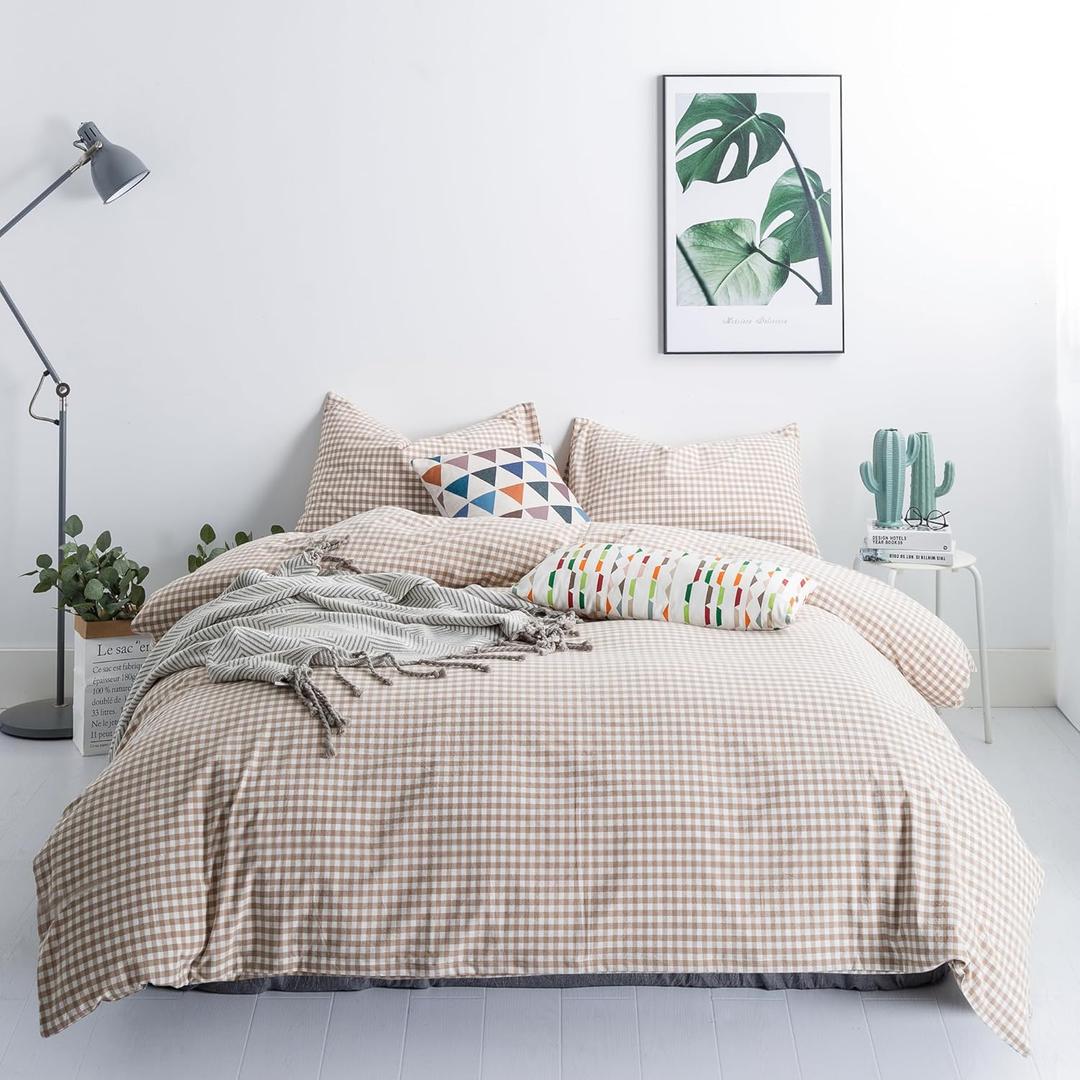 SUSYBAO Tan Gingham Duvet Cover King 100% Washed Cotton Beige Plaid Duvet Cover Set 3 Pieces 1 Checkered Grid Duvet Cover with Zipper Ties 2 Pillowcases Vintage Luxury Soft Gingham Bedding Set Durable