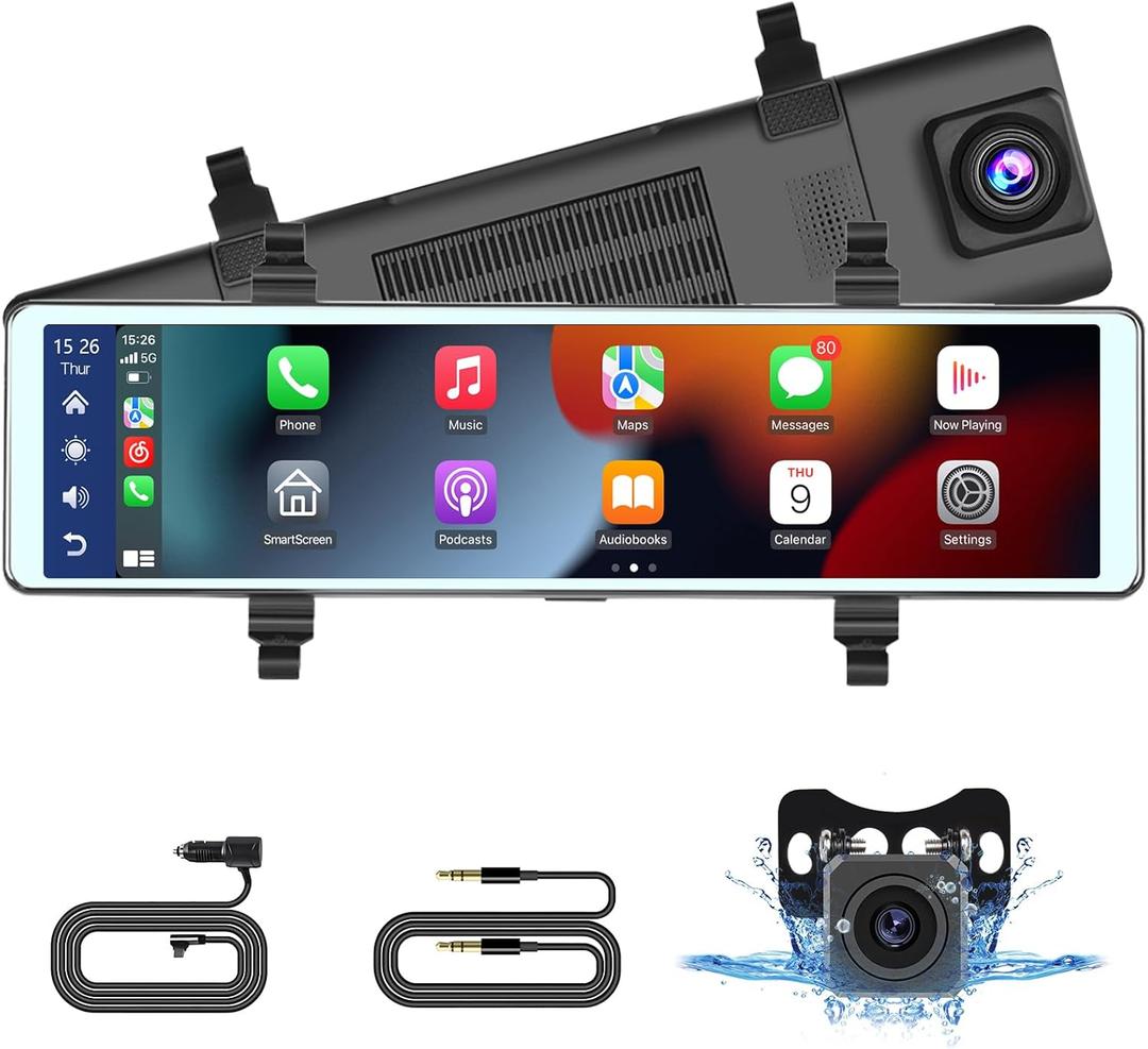 11.26 Inch Dashcam Front and Rear View Mirror Camera, Wireless CarPlay Android Auto Screen, Rearview Mirror Dash Cam with Bluetooth/Dual Cameras/AUX/Split Screen/Voice Control/1080P Backup Camera