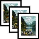 Picrit 24x30 Picture Frame 3 Pack, Black Poster Frame, Display Poster 18 x 24 with Mat or 24x30 without Mat for Horizontal or Vertical Wall Mounting