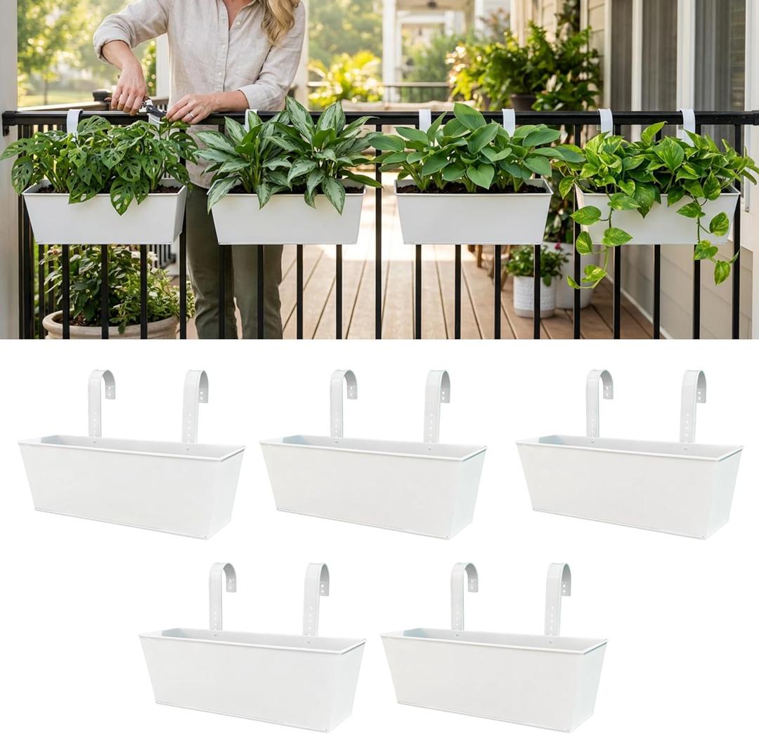 LaLaGreen Rail Planter Outdoor Plants (16 Inch, 5 Pack) Metal Planters Herbs Rectangular Buckets Hanging Flower Pots Balcony Box Plant Holder Modern Wall Mount Iron Deck Railing Fence Porch Home Decor