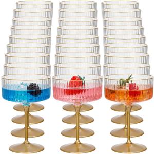 Jingmore 24 Pcs Ribbed Martini Glasses 10 oz Disposable Plastic Vintage Ribbed Coupe Glasses with Gold Rim Cocktail Unbreakable Dessert Parfait Glassware for Wedding Party Supplies (Gold)
