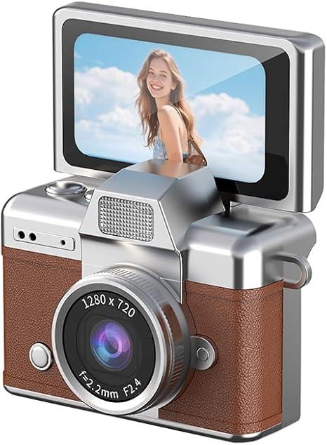 Mini Keychain Digital Camera with 180° Flip Selfie Screen - 1.47’’ HD Portable Camera 64GB SD Card for Vlog Pocket Travel Video Recorder, Easy to Use for Students Beginners (Brown)
