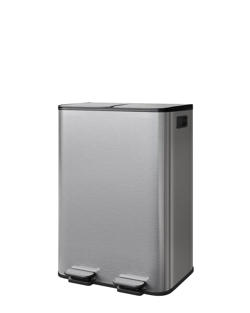 GarveeHome 2 x 8 Gallon Stainless Steel Double Trash Can with Lid for Kitchen, Large Dual Trash and Recycle Bin Combo, Step-on Kitchen Metal Garbage Cans, PP Inner Buckets, Liner Rim, Silver